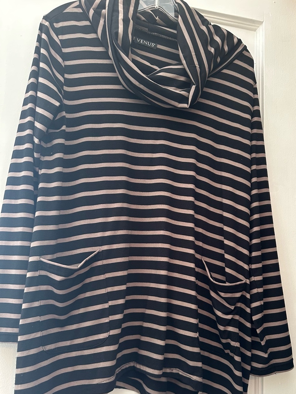 VENUS Black and Taupe Striped Cowl-Neck Top